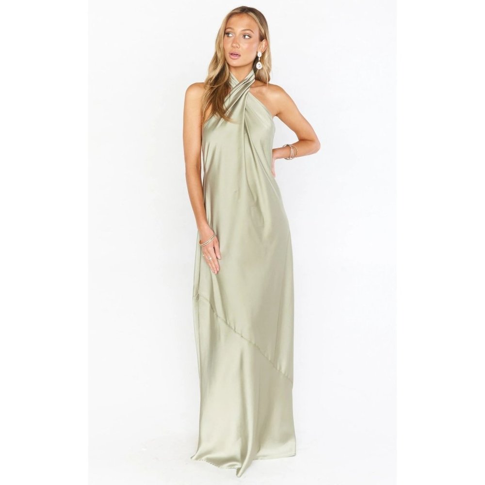 Show Me Your Mumu Jasmine Halter Maxi Dress Moss Green Luxe Satin S